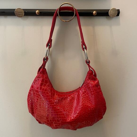 Red Genuine Leather Croc-Embossed Shoulder Bag | Silver Hardware, Hobo Style - Picture 2 of 7